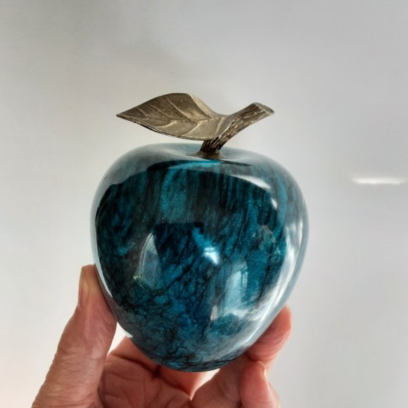 Vintage Green Marble Apple with Brass Leaf and Stem - Picture 4 of 7